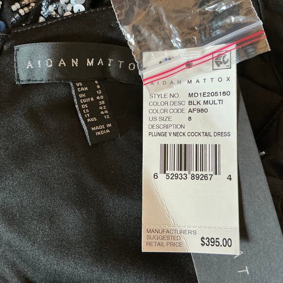 Aidan Mattox Beaded Deep V-Neck Midi Sheath Sparkly Cocktail Dress Black Size 8 - Picture 10 of 13